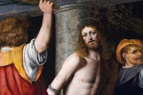  Luini Das Ölgemälde mit der Geißelung Christi in San Giorgio al Palazzo i Stock Photos