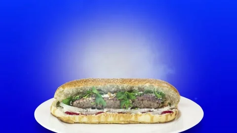 Lule kebab in bread on blue background direction from bottom to center Stock Footage 135125580