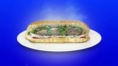 Lule kebab in bread on blue background direction from top to center Stock Footage 135125588
