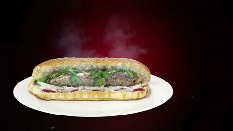 Lule kebab in bread on dark background direction from left to center Stock Footage 135125812