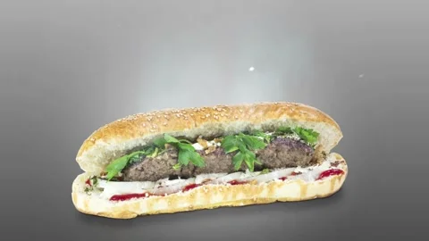 Lule kebab in bread on gray background position from bottom to center Stock Footage 135072842