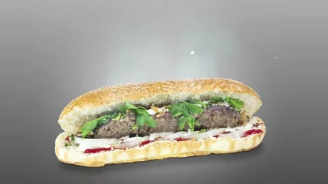 Lule kebab in bread on gray background position from top to center Stock Footage 135072988
