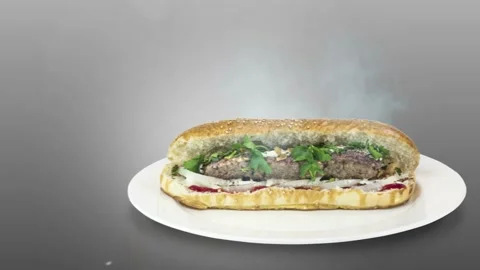 Lule kebab in bread on gray background direction from right to center Stock Footage 135126035