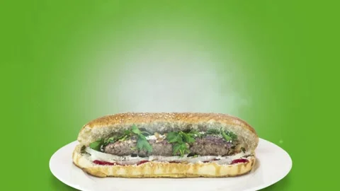 Lule kebab in bread on green background direction from bottom to center Stock Footage 135126251