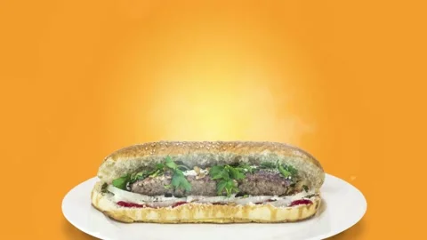 Lule kebab in bread on orange background direction from bottom to center Stock Footage 135126469