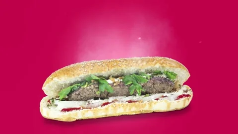 Lule kebab in bread on purple background position from left to center Stock Footage 135073136