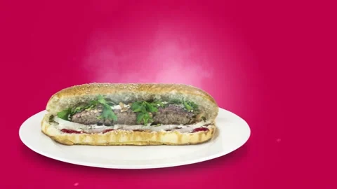 Lule kebab in bread on purple background direction from right to center Stock Footage 135127076