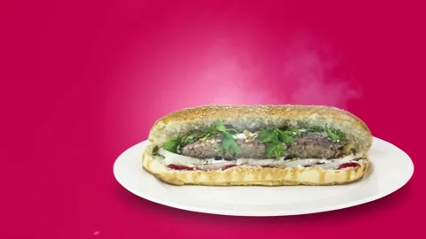 Lule kebab in bread on purple background direction from left to center Stock Footage 135127084