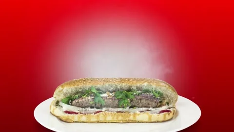 Lule kebab in bread on red background direction from bottom to center Stock Footage 135127316