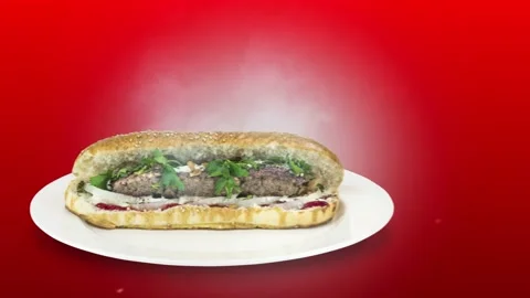 Lule kebab in bread on red background direction from left to center Stock Footage 135127321