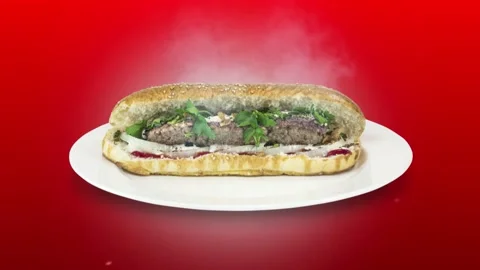 Lule kebab in bread on red background direction from top to center Stock Footage 135127323