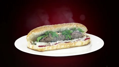 Lule kebab in bread on white plate the served with greens, onions, mayonnaise Stock Footage 134470838