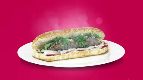 Lule kebab in bread on white plate the served with greens, onions, mayonnaise Stock Footage 134471032