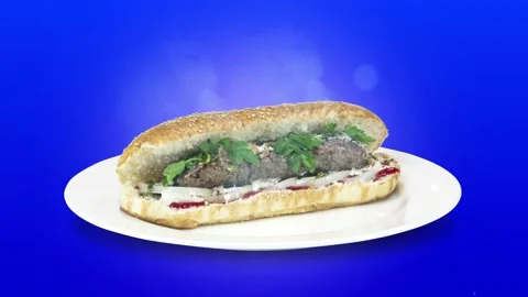 Lule kebab in bread on white plate the served with greens, onions, mayonnaise Stock Footage 134471334