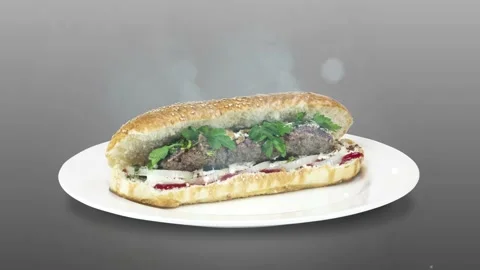 Lule kebab in bread on white plate the served with greens, onions, mayonnaise Stock Footage 134471339
