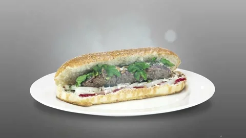 Lule kebab in bread on white plate the served with greens, onions, mayonnaise Stock Footage 134471343