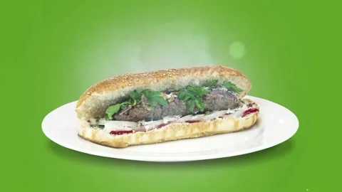 Lule kebab in bread on white plate the served with greens, onions, mayonnaise Stock Footage 134471348