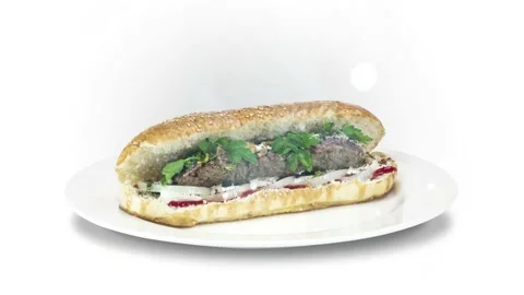 Lule kebab in bread on white plate the served with greens, onions, mayonnaise Stock Footage 134471643