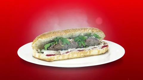 Lule kebab in bread on white plate the served with greens, onions, mayonnaise Stock Footage 134471654