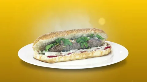 Lule kebab in bread on white plate the served with greens, onions, mayonnaise Stock Footage 134471656