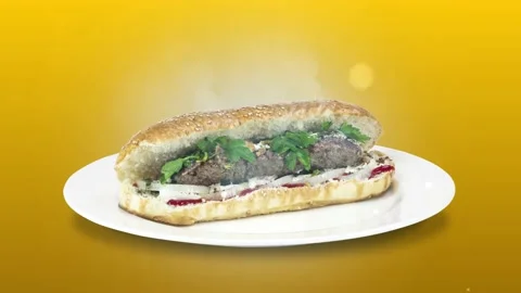 Lule kebab in bread on white plate the served with greens, onions, mayonnaise Stock Footage 134471658