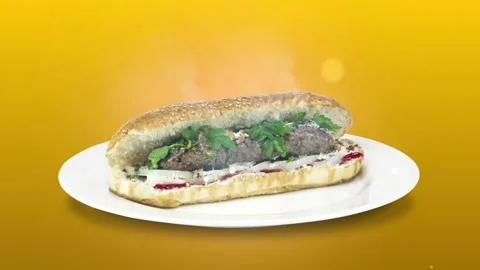 Lule kebab in bread on white plate the served with greens, onions, mayonnaise Stock Footage 134471708