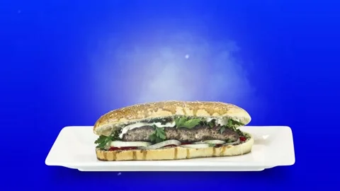Lule kebab in bread on white plate on blue background Stock Footage 135138113