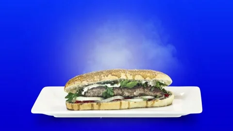 Lule kebab in bread on white plate on blue background Stock Footage 135138114