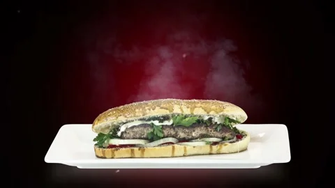 Lule kebab in bread on white plate on dark background Stock Footage 135140536