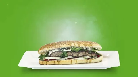 Lule kebab in bread on white plate on green background Stock Footage 135145306