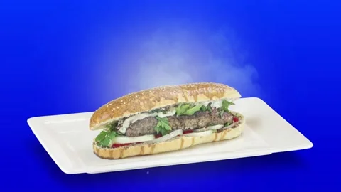 Lule kebab in bread on white plate on blue background Stock Footage 135152774