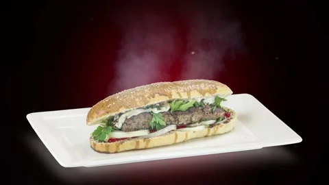 Lule kebab in bread on white plate on dark background Stock Footage 135152986