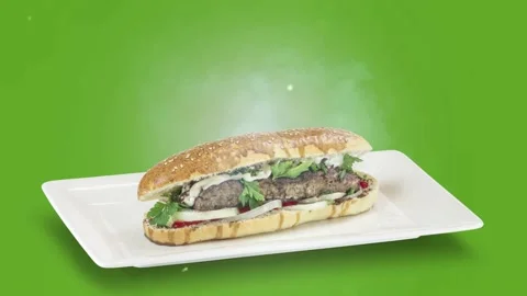 Lule kebab in bread on white plate on green background Stock Footage 135153291