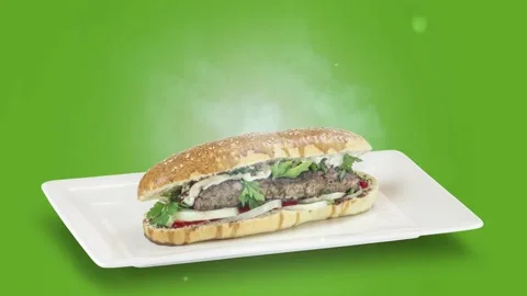 Lule kebab in bread on white plate on green background Stock Footage 135153301