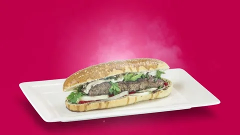 Lule kebab in bread on white plate on purple background Stock Footage 135153606