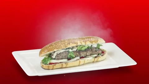 Lule kebab in bread on white plate on red background Stock Footage 135153819