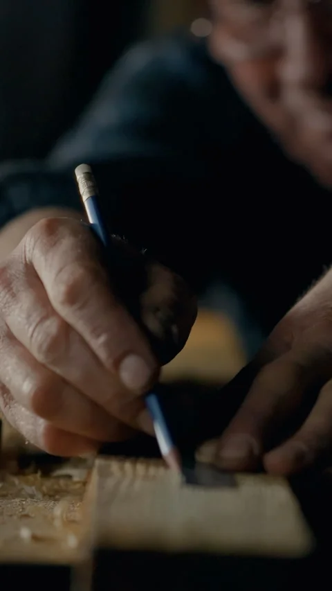 Lumber engineer marks precise lines with pencil in woodworking shop for prec Stock Footage 331603110