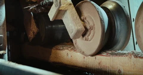 Lumber factory processing raw wood, semiautomatic saw cut log on boards Stock Footage 251005796