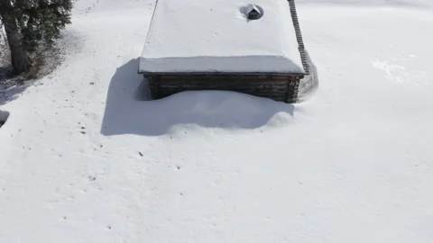 Lumber Log Cabin Snow Cold Environment Winter paining shot above 動画素材 145927064