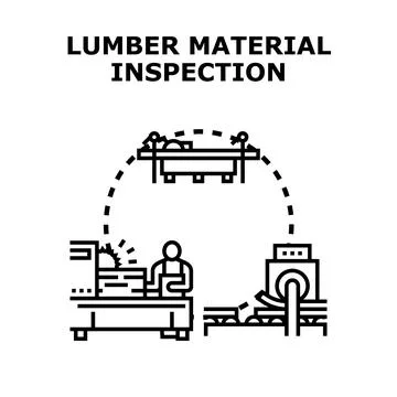 Lumber material inspection process with a worker evaluating wood Ilustración de archivo