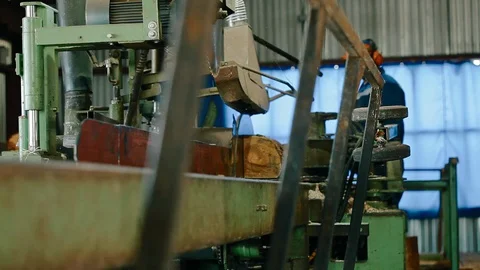 Lumber mill worker is cutting wood with circular saw Stock Footage 129237459