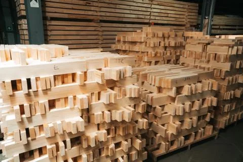 The lumber is ready to be sent to the loading workshop. A stack of new wooden Stock Photos