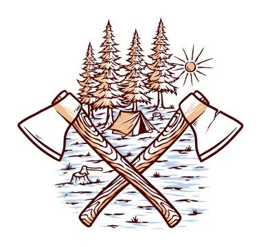 Lumberjack and tent vector line illustration hand drawn Stock Illustration