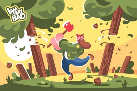 Lumberjack with ax cutting down trees in forest Stock Illustration