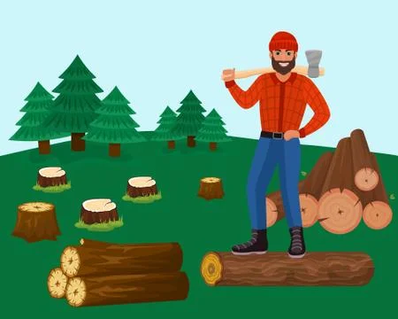 Lumberjack with axe in forest vector illustration. Woodcutter cutting down trees Stock Illustration
