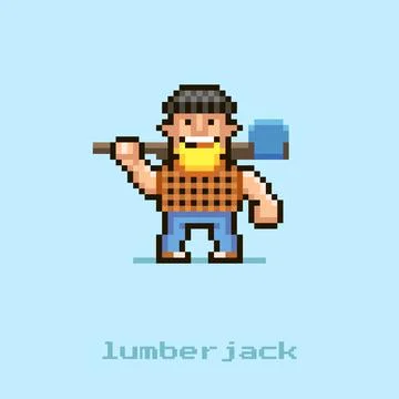 Lumberjack with a blonde beard in a black hat and a plaid shirt with an axe Stock-Illustration