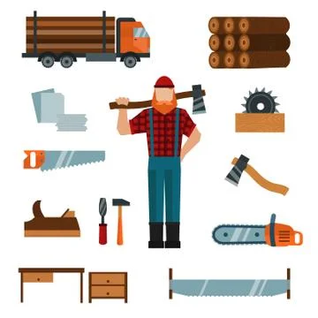 Lumberjack cartoon character with lumberjack tools icons vector illustration Stock Illustration