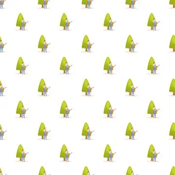 Lumberjack with chainsaw cutting tree seamless pattern Stock Illustration