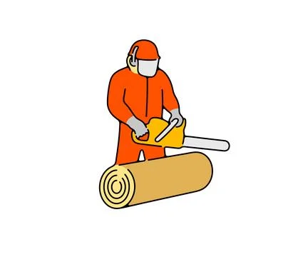 Lumberjack with chainsaw felling trees, linear and graphic design Stock Illustration