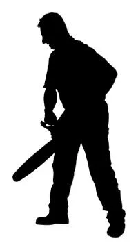 Lumberjack with chainsaw vector silhouette on white background. Stock Illustration